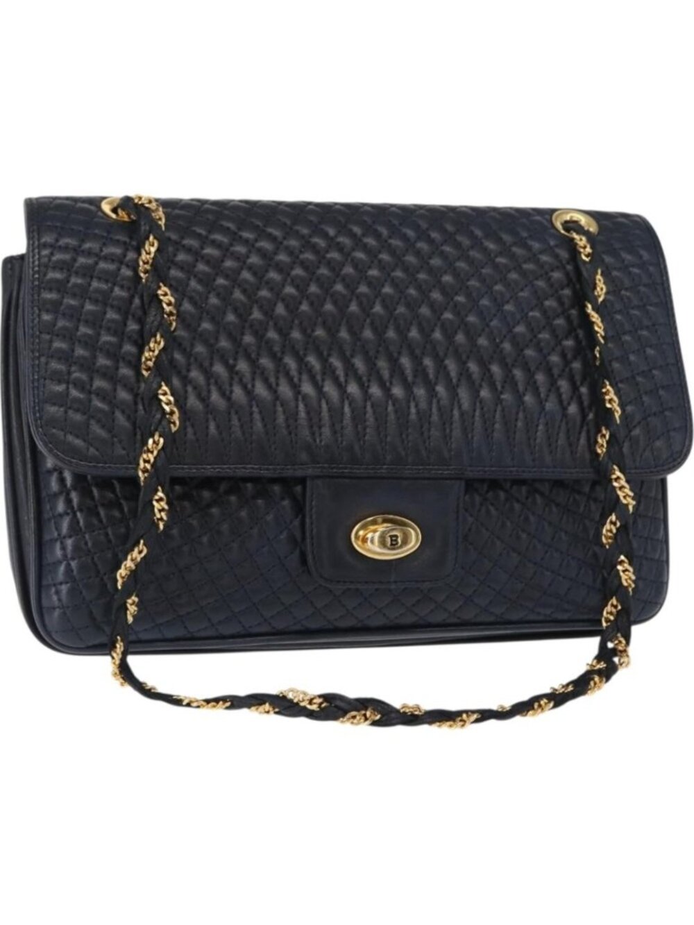 BALLY Chain Shoulder Bag Leather Navy Gold